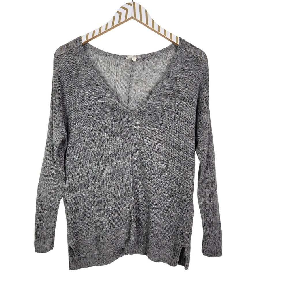 EILEEN FISHER Sweater Womens Small Gray‎ Linen V Neck Knit Pullover Top Italian